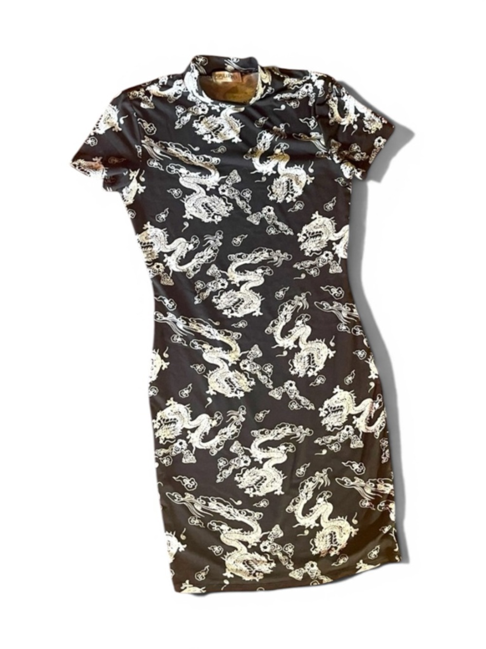 Black Dragon Print Bodycon Mini Dress Y2K Asian Inspired Stretch Fit